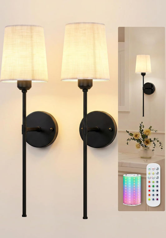 Rechargeable Wall Lights, Battery Operated Wall Sconce Set of 2, 7500mAh, Dimmable, Remote Control, Timer, Magnetic Bulb, 3 Color Temps, RGB, Wireless Wall Lamps, for Bedroom Living Room Hallway Decor