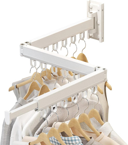 Wall Mounted Tri-Fold Clothes Drying Rack, Heavy Duty Collapsible Laundry Drying Rack, Space-Saving Retractable Foldable Drying Rack Clothes for Laundry Room Balcony Bathroom,Black-Hooks