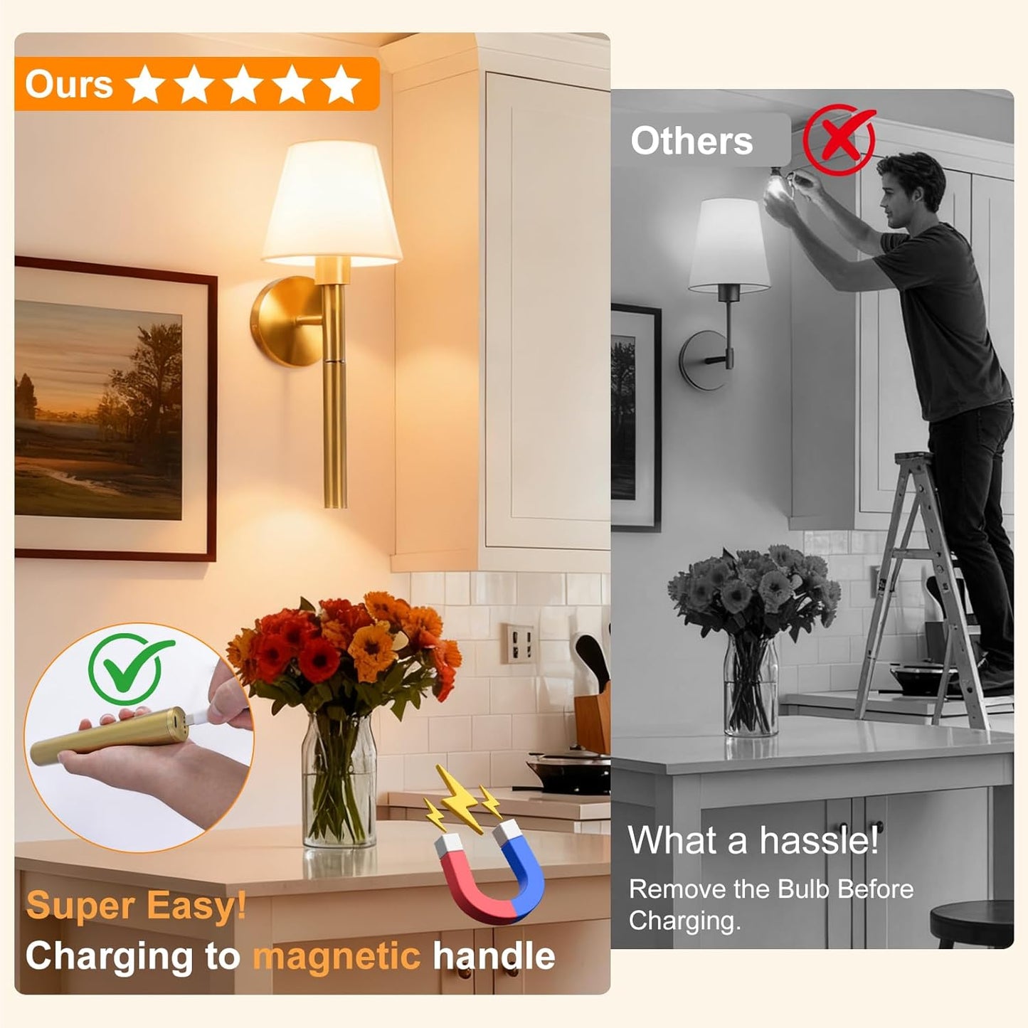 Battery Operated Wall Sconce Set of Two, 5200mAh Magnetic-Handle Rechargeable Sconces Wall Decor with Remote, Gold Wireless Wall Lights Lamp for Bedroom Living Room Home Decor(1 Spare Bulb)