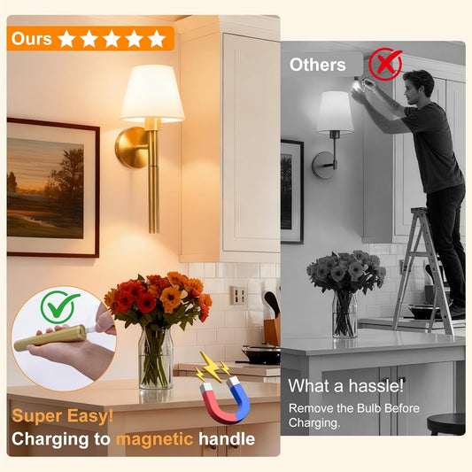 Battery Operated Wall Sconce Set of Two, 5200mAh Magnetic-Handle Rechargeable Sconces Wall Decor with Remote, Gold Wireless Wall Lights Lamp for Bedroom Living Room Home Decor(1 Spare Bulb)