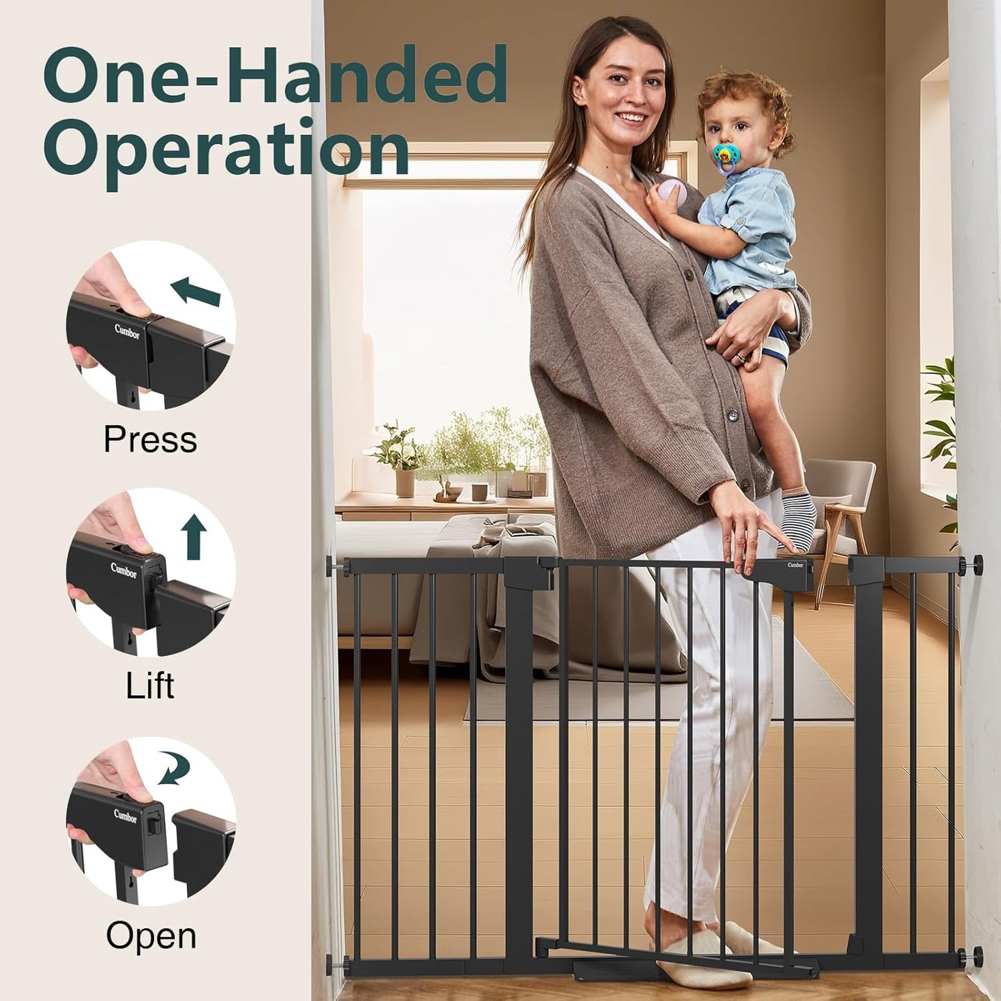 Cumbor 29.7-48" Baby Gate for Stairs, Mom's Choice Awards Winner-Dog Gate for Doorways, Auto Close Safety Pet Gate for Dogs Indoor, Easy Install Pressure Mounted Child Gate with Walk Thru Door, Brown