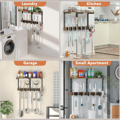 Mop Holder Wall Mount with Cleaning Supplies Organizer, Wood Mop and Broom Hanger Rack Organizer with Anti-Fall Wall Shelf with 5 Clips & Hooks for Garage Laundry Room Kitchen (Brown)