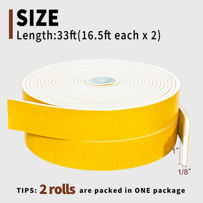 Yotache Weather Stripping Door Seal Strip White 3/8" x1/8", 50Ft Total, Foam Insulation Tape Gasket for Door Frame and Windows, 3 Rolls x 16.5Ft