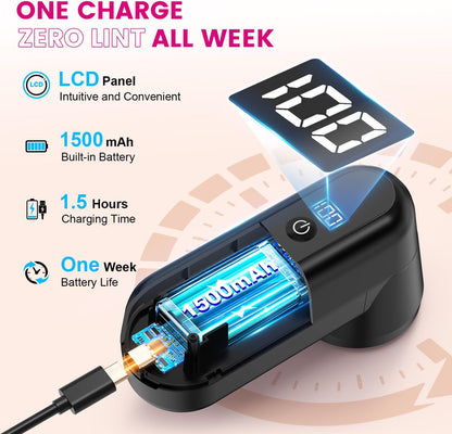 Fabric Shaver - Ziitty Lint Remover for Clothes, Sweater Defuzzer with LCD Display, 3-Speeds, 6-Blade, Type-C Rechargeable, Sweater Shaver to Remove Pilling Fuzz Lint Balls Pills for Clothes Furniture