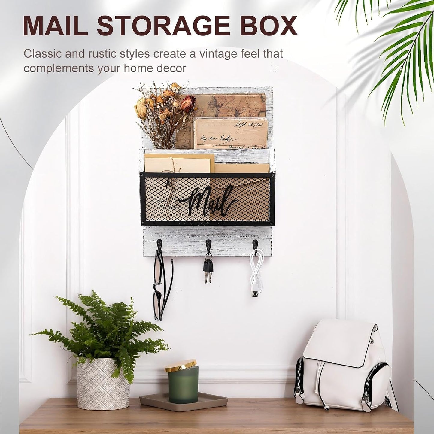 Yalikop Farmhouse Mail Organizer Wall Mounted Rustic Mail Holder Hanging Key Sorter with 3 Hooks Indoor Wooden Wall Mounted, Letter, Magazines, Newspapers, Keys(Classics,Brown)