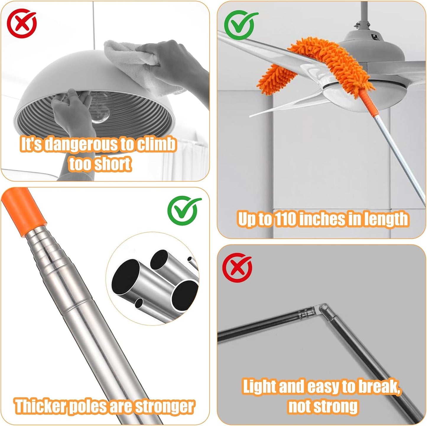 Cobweb Duster with Extension Pole, 4-in-1 Washable Cleaning Duster Kit, 15-100 Inch Long Telescoping Pole, Bendable Design for High Ceiling Fans Furniture, Microfiber Webster Remover Tools
