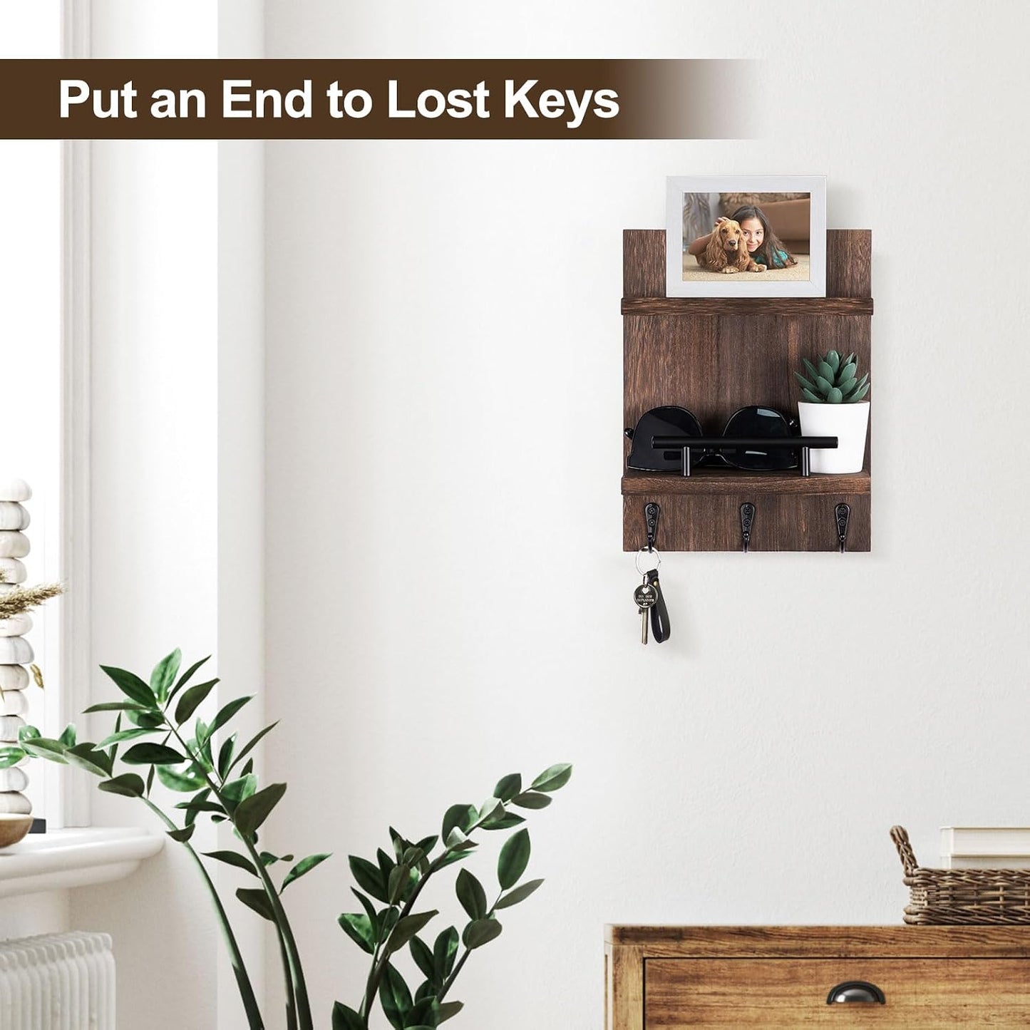 Key Holder Wall Mount, Mail Shelf Decor with 3 Key Hooks, Versatile Wood Wall Organizer for Entryway Hallway (8.2” x 10.6”x 3.6”) (White)