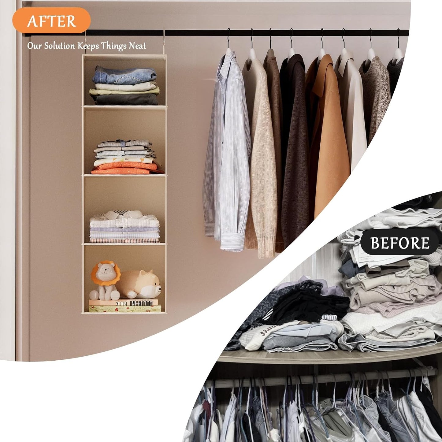 Hanging Shoe Organizer for Closet with 8 Shelves,Mesh Pockets-Wider Hanging Shelves for Shoes,Clothes,Hats with Sturdy Bamboo-Supported Design (Beige)