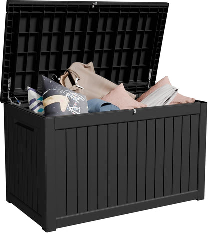 100 Gallon Storage Box, Waterproof Resin Deck Box with Hydraulic Piston Design, Lockable Storage Bench for Package Delivery, Storage Bin for Patio Cushions, Garden Tools, Black