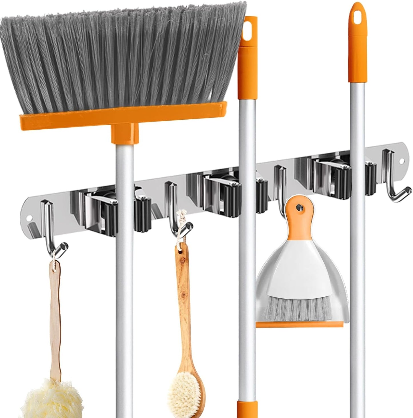 ZONGOOL 2 Pack Broom Holder Wall Mount, 4 Racks and 5 Hooks Mop Hanger Wall Mount Broom Organizer Stainless Steel Heavy Duty Garage Tool Racks for Home Kitchen Garden Laundry (Black)