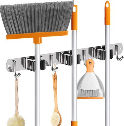 ZONGOOL 2 Pack Broom Holder Wall Mount, 4 Racks and 5 Hooks Mop Hanger Wall Mount Broom Organizer Stainless Steel Heavy Duty Garage Tool Racks for Home Kitchen Garden Laundry (Black)