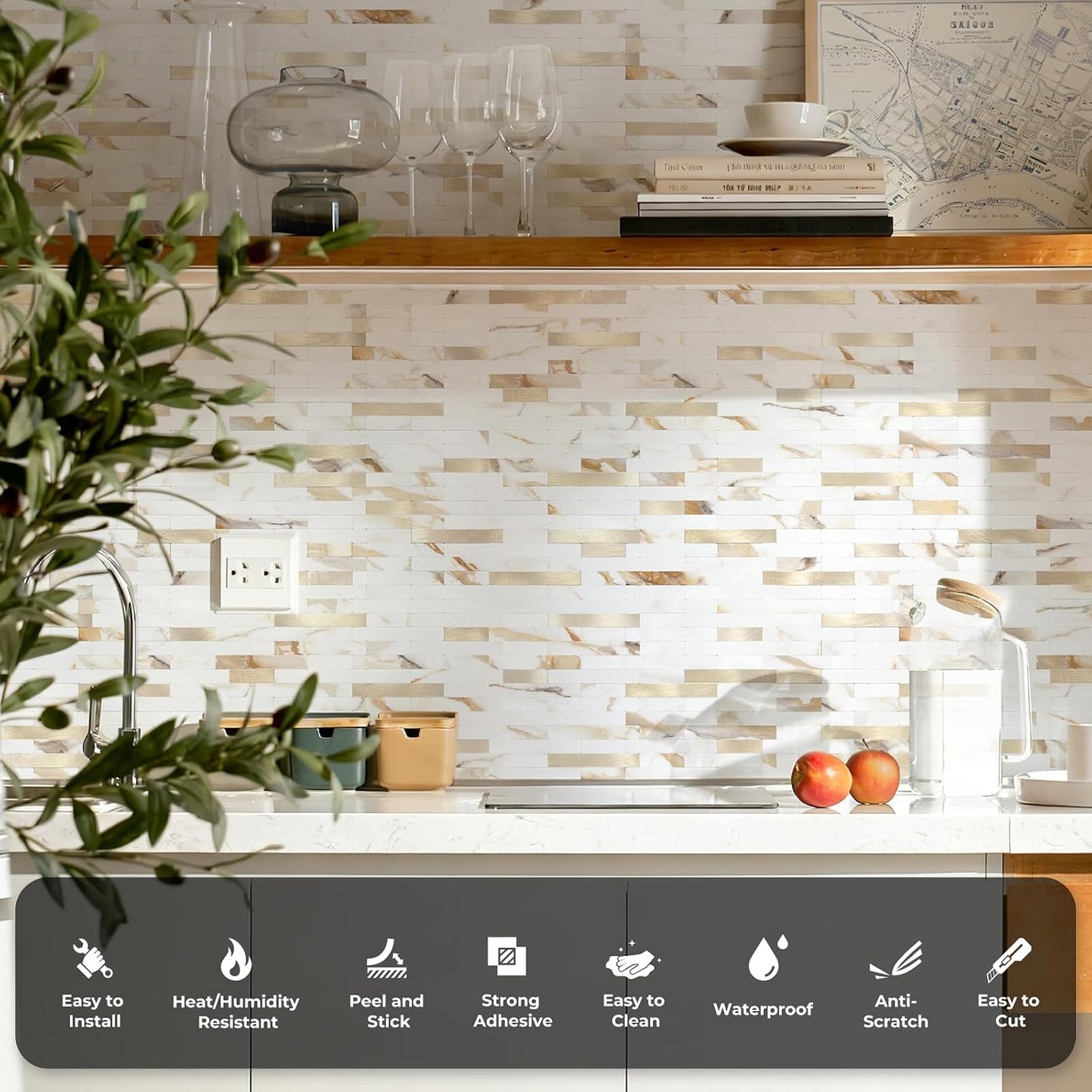 STICKGOO Peel and Stick Backsplash Tile, Stick on Backsplash for Kitchen and Bathroom, Volakas White Look PVC Mixed Metal Silver Self Adhesive Wall Tiles(Sample)