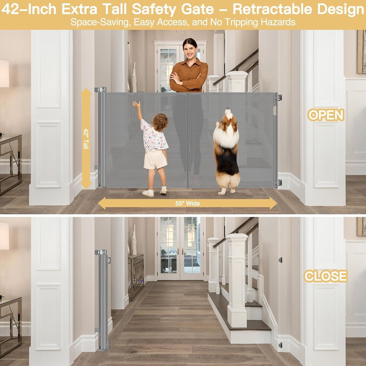 Newly Enhanced - 42" Tall × 120" Extra Wide Retractable Baby Gate Keeps Pets from Getting Under Tall Dog Gate, Indoor/Outdoor Baby Gates for Dogs, Retractable Dog Gate for Large Openings, White