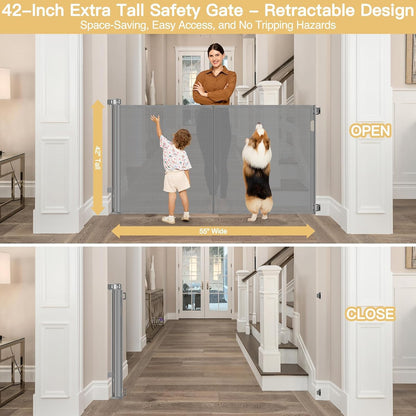 Newly Enhanced - 42" Tall × 120" Extra Wide Retractable Baby Gate Keeps Pets from Getting Under Tall Dog Gate, Indoor/Outdoor Baby Gates for Dogs, Retractable Dog Gate for Large Openings, White