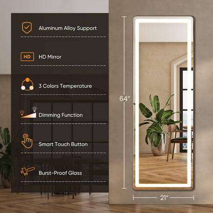 Arched Mirror Full Length, Upgraded 16"x59" Body Wall Mirrors with Shatter-Proof Glass, Floor Standing, Hanging or Leaning, Tall Arch Mirror with Stand Aluminum Alloy Frame for Bedroom, Black