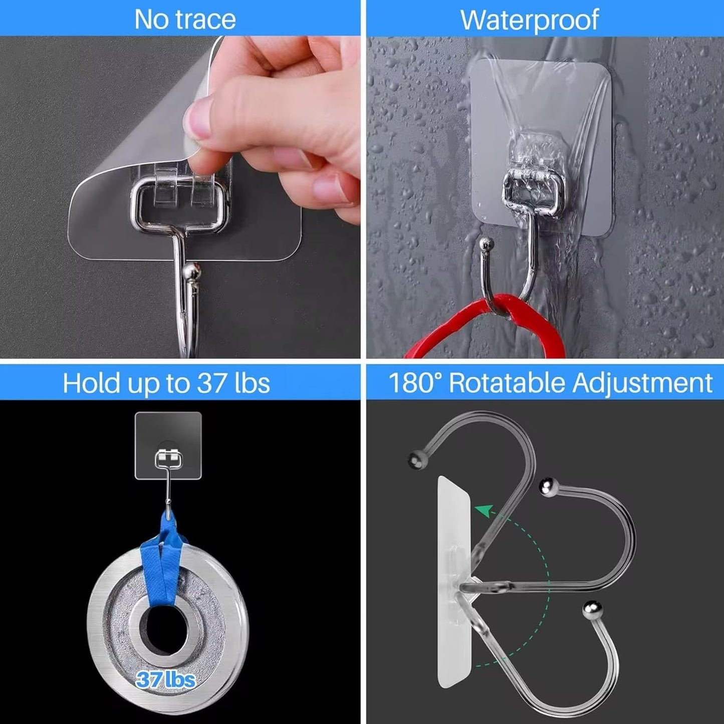 Luxe Hooks, Heavy Duty Wall Hooks, Waterproof Self Adhesive Hooks for Bathroom, Kitchen, Shower & Office, No Drill Wall Hooks for Towels, 10 Counts. (10, Transparent)