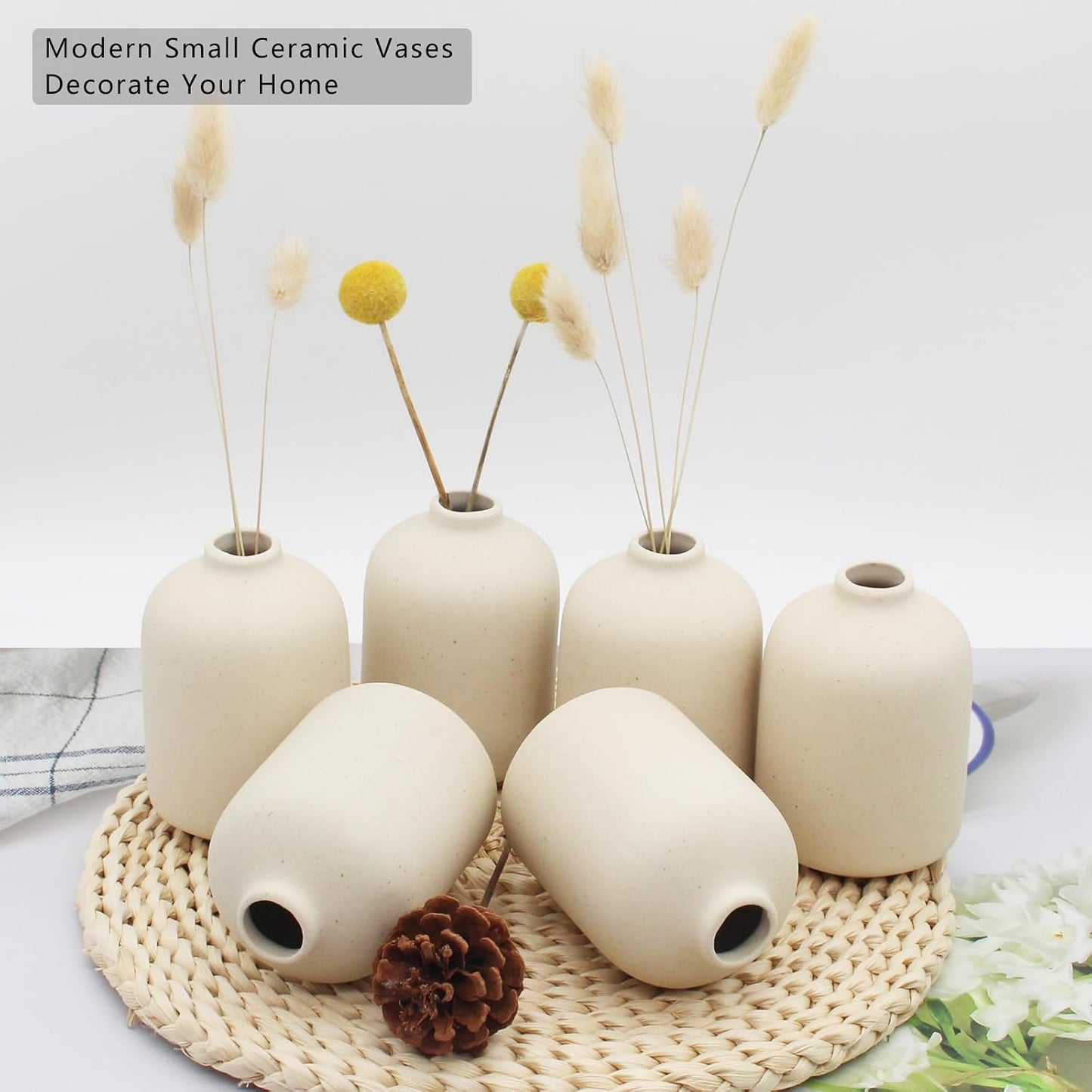 YANLING 6 Pack White Vase Small Ceramic Vases for Decor, Bud Vases | for Centerpieces White Vases for Flowers Boho Home Decor, Pampas Grass Dried Flowers Vases