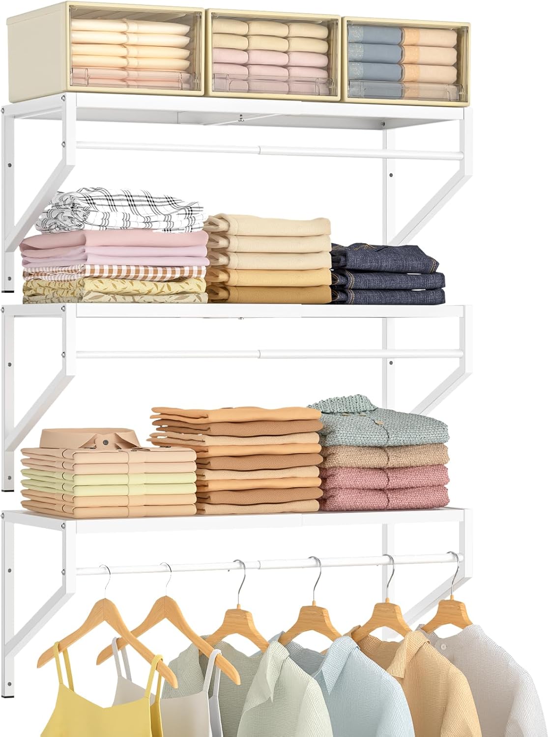 ThreeHio Expandable Closet Shelves Wall Mounted, 2 Pack Closet Shelving with Hanging Rods, Wall Shelving for Walk-in Closet, Hanging Shelves Organizer and Storage for Closet, Laundry