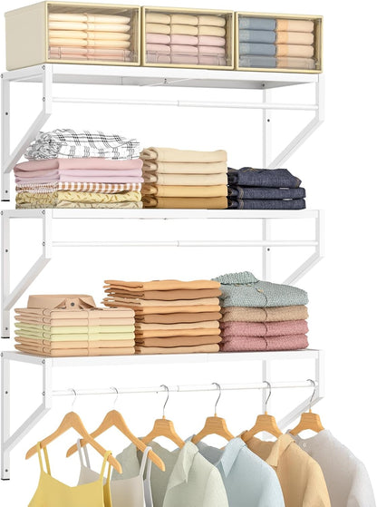 ThreeHio Expandable Closet Shelves Wall Mounted, 2 Pack Closet Shelving with Hanging Rods, Wall Shelving for Walk-in Closet, Hanging Shelves Organizer and Storage for Closet, Laundry