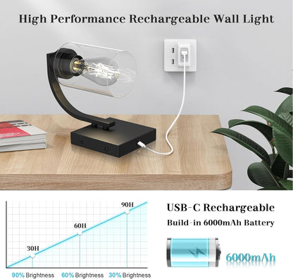 Battery Operated Wall Sconce Set of 2 with Remote Control, Rechargeable Wireless Led Glass Wall Lamp Indoor, Cordless Wall Light Fixtures Wall Mount for Bedroom Bathroom Hallway Farmhouse, Black