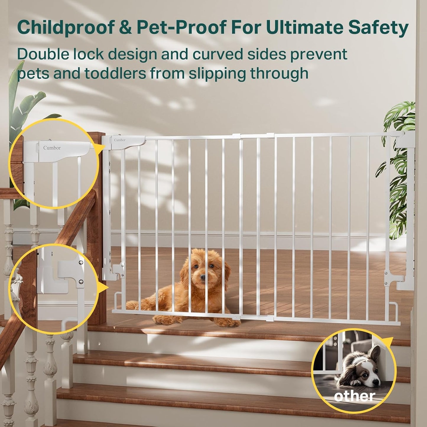 Cumbor 29.2–43" Baby Gate for Stairs, Hardware Mounted (Drill Required), Expandable No Bottom Bar Dog Gate, Auto Close Extra Wide Walk Thru, Pet & Toddler Proof Gate, Top & Bottom of Stairways (White)