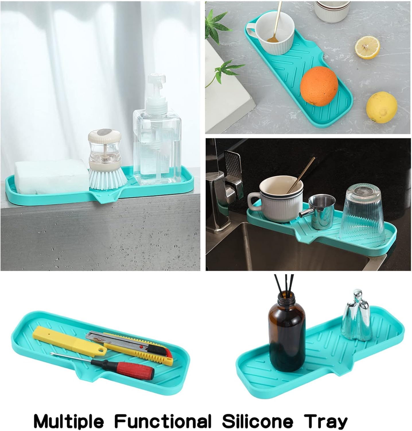 MicoYang Silicone Bathroom Soap Dishes with Drain Spout-Bathroom and Kitchen Sink Organizer,Sponge Holder,Dish Soap Tray,Perfect for Dispenser,Scrubber,Bottle,Cup on Sink or Counter-Coffee 4.9"×3.2"