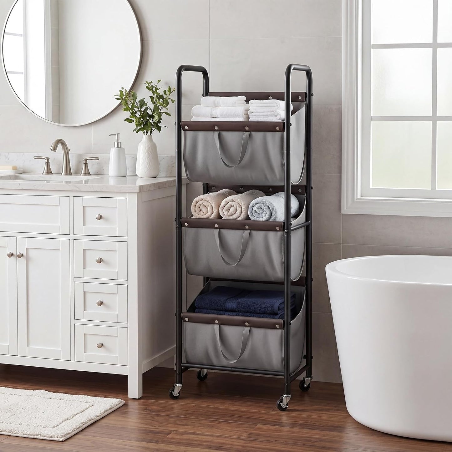 GRANNY SAYS 3 Section Tiered Laundry Sorter, Slim Vertical Laundry Hamper with Wheels, Narrow Rolling Laundry Cart with Removable Bags for Laundry Room, Bathroom, Closet, Dorm, Beige