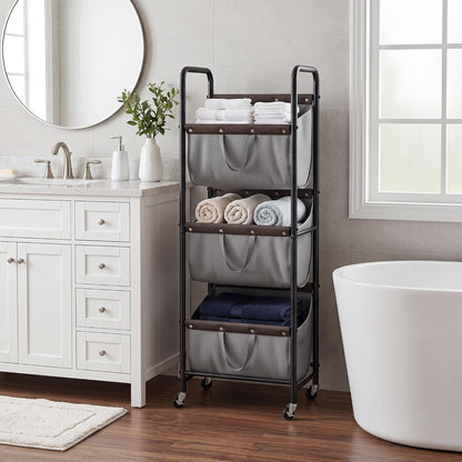 GRANNY SAYS 3 Section Tiered Laundry Sorter, Slim Vertical Laundry Hamper with Wheels, Narrow Rolling Laundry Cart with Removable Bags for Laundry Room, Bathroom, Closet, Dorm, Beige