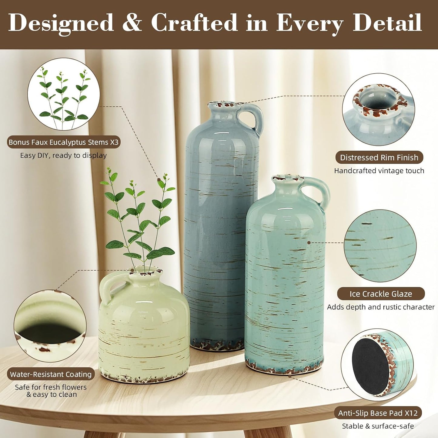 TBWIND Ceramic Vases Set of 3, Neutral Pottery Rustic Farmhouse Flower Vase | Small Decorative Flower Vases Modern Home Decor for Table Mantel Entryway Bookshelf Living Room Kitchen Bedroom