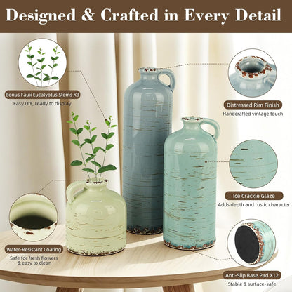 TBWIND Ceramic Vases Set of 3, Neutral Pottery Rustic Farmhouse Flower Vase | Small Decorative Flower Vases Modern Home Decor for Table Mantel Entryway Bookshelf Living Room Kitchen Bedroom