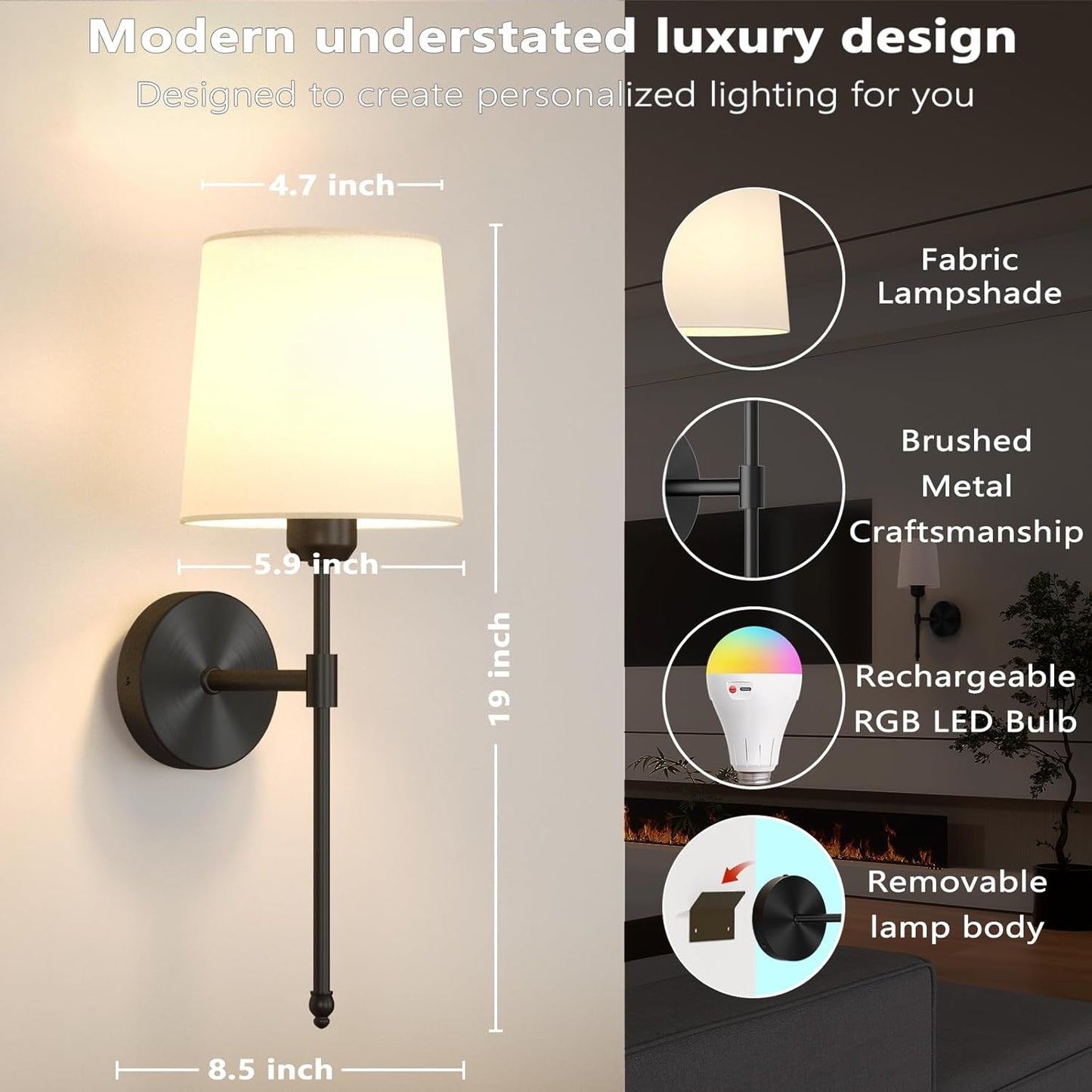 Ouyulong Battery Operated Wall Sconces Set of 2, Wireless Rechargeable Dimmable Wall Light with RGB Bulb and Remote for Bedroom, Living Room, Hallway (Gold)