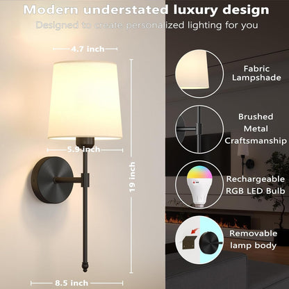 Ouyulong Battery Operated Wall Sconces Set of 2, Wireless Rechargeable Dimmable Wall Light with RGB Bulb and Remote for Bedroom, Living Room, Hallway (Gold)