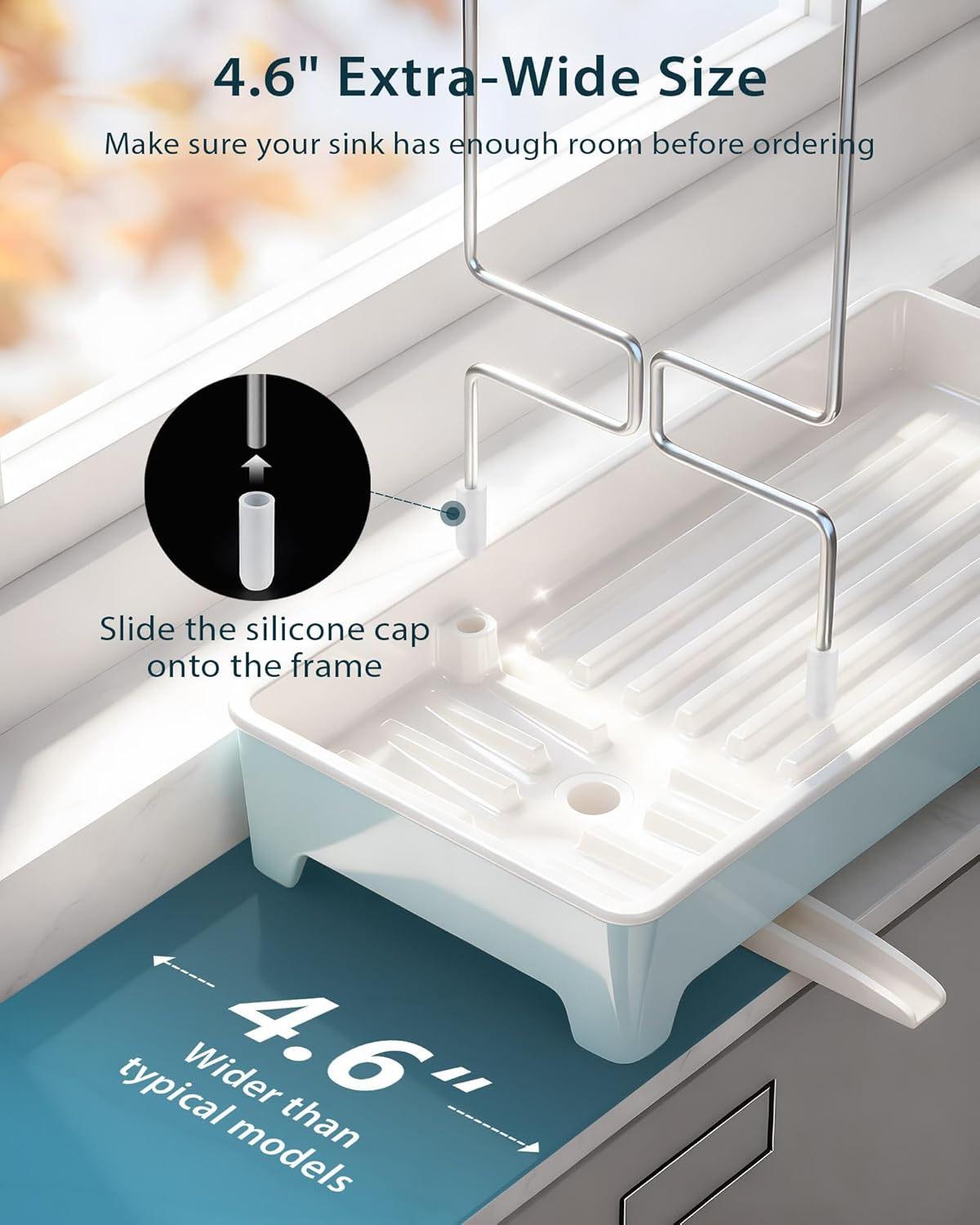 Minimalist Sink Caddy, Rustproof Sponge Holder for Kitchen Sink with 304 Stainless-Steel Brush Holder, Countertop Rack Organizer with Raised Ridges & Silicone Drain Tube (Black, Large)