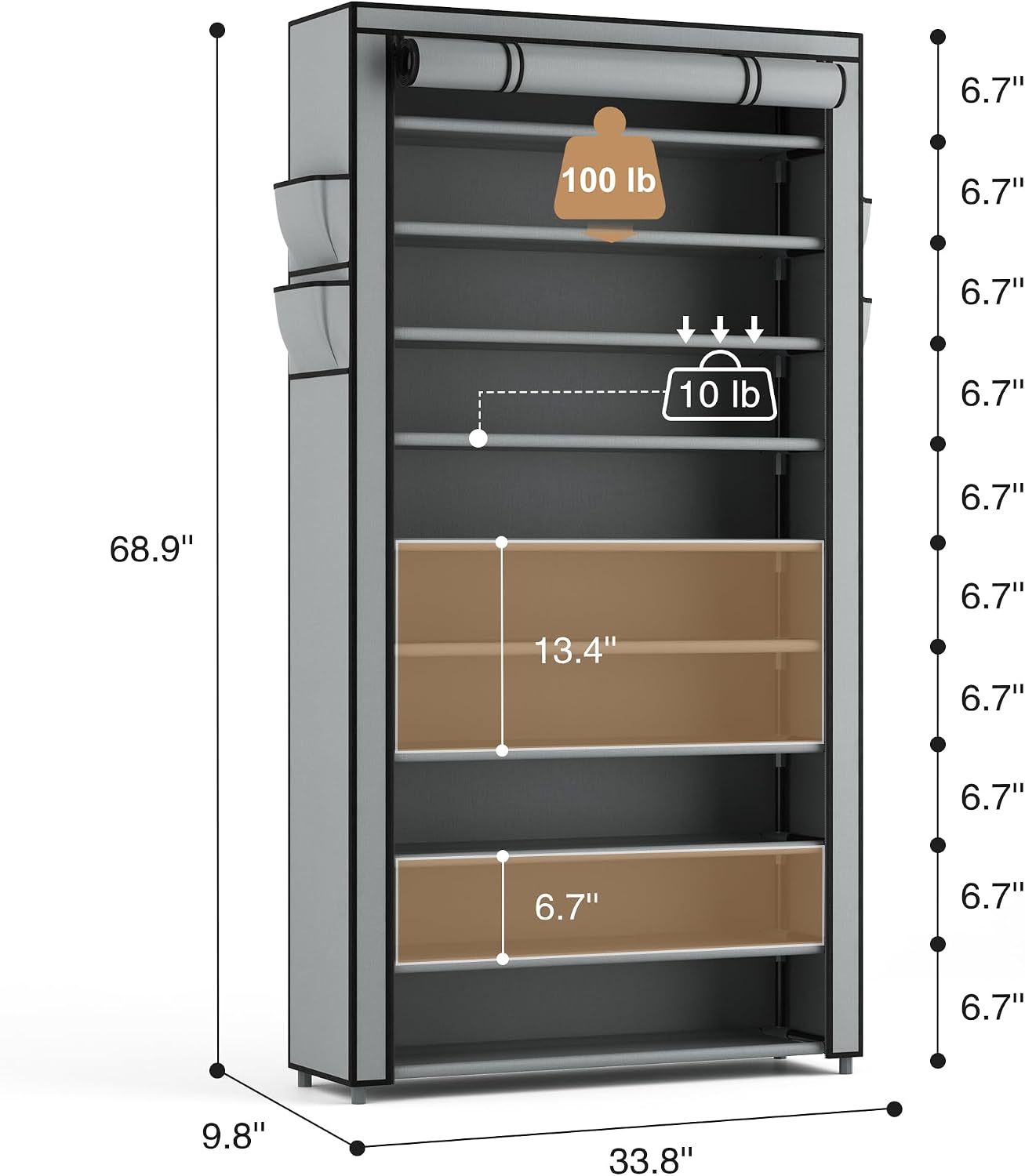 ROJASOP 10 Tier Shoe Rack with Covers,Large Capacity Stackable Tall Shoe Shelf Storage to 50-55 Pairs Shoes and Boots Sturdy Metal Free Standing Shoe Rack Organizer for Closet Entryway Garage
