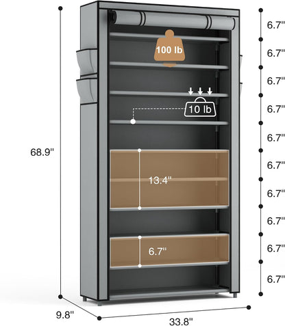 ROJASOP 10 Tier Shoe Rack with Covers,Large Capacity Stackable Tall Shoe Shelf Storage to 50-55 Pairs Shoes and Boots Sturdy Metal Free Standing Shoe Rack Organizer for Closet Entryway Garage