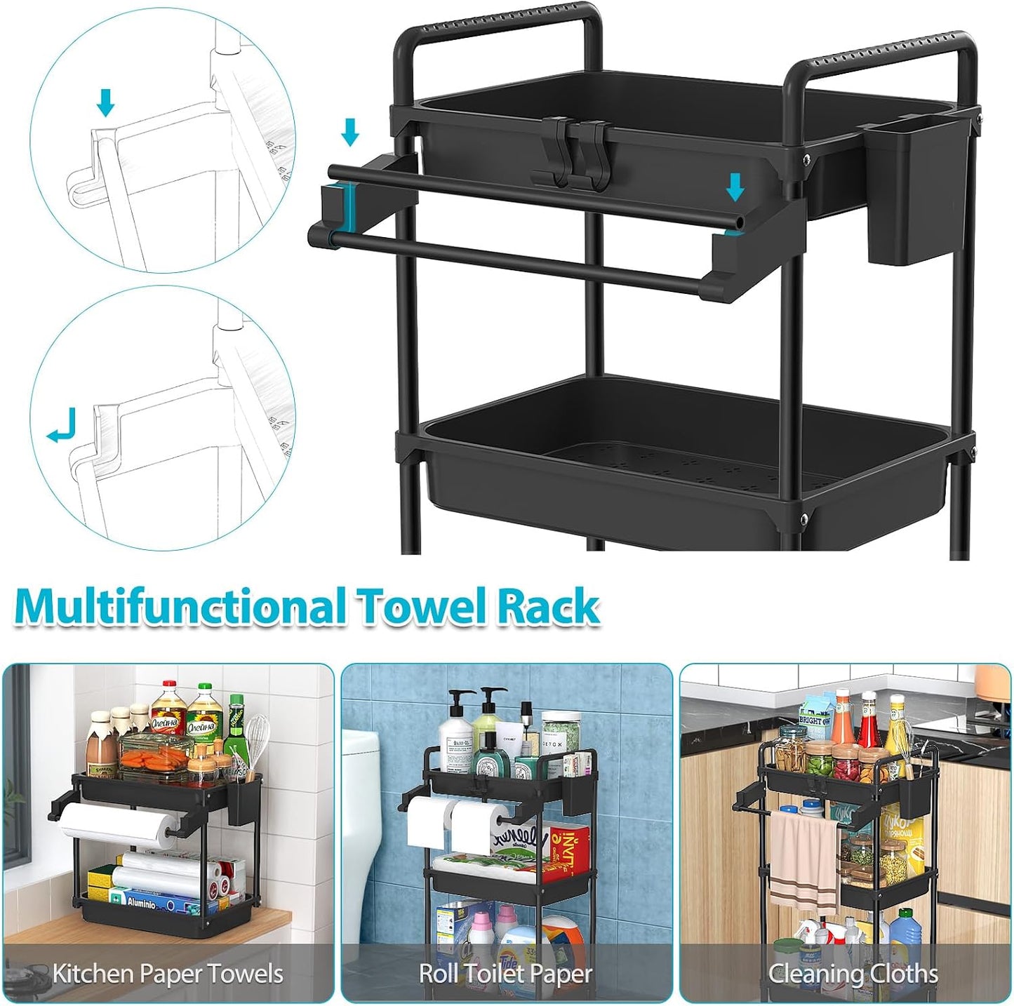 SPACEKEEPER Rolling Storage Cart, 4-Tier Bathroom Organizer Utility Cart Laundry Room Organization Mobile Shelving Unit with Towel Rack, Lockable Wheel, Hooks & Cup for Kitchen Bedroom Office, White