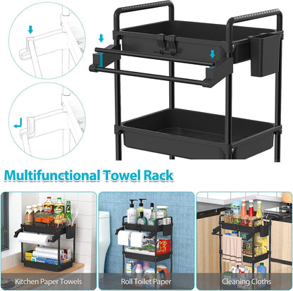 SPACEKEEPER Rolling Storage Cart, 4-Tier Bathroom Organizer Utility Cart Laundry Room Organization Mobile Shelving Unit with Towel Rack, Lockable Wheel, Hooks & Cup for Kitchen Bedroom Office, White