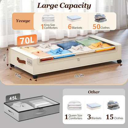 Yecaye Under Bed Storage with Wheels, 2 Pack Under Bed Storage Containers, 60L Underbed Shoe Storage with Clear Window & Label, Rolling Under Bed Metal Drawer for Clothes, Shoes, Books, Blankets