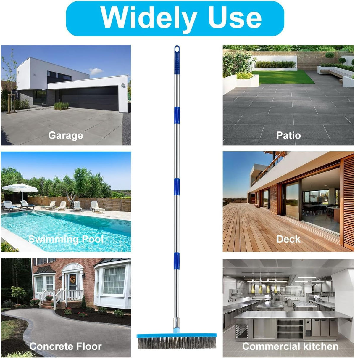 60'' Stainless Steel Deck Scrub Brush with Long Handle - Heavy Duty Floor Scrubber for Concrete, Grout, Garage, Patio, Boat & Garden - Stiff Bristle Broom for Moss, Tough Stains & Dirt Removal