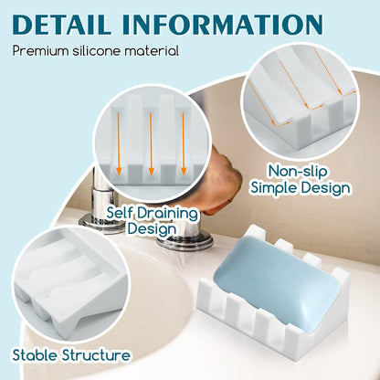 Self Draining Silicone Soap Dish Holder Waterfall Tray, 2 Pack Black | Waterfall design drains fast to keep soap dry, non-slip silicone base anti slide, soap saver for bathroom & kitchen