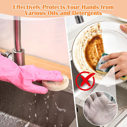 3 Pairs Dishwashing Cleaning Gloves, Reusable Kitchen Long Rubber Gloves with Cotton Lined, Waterproof Non-Slip Latex-Free Household Glove for Laundry Cleaning Working Gardening (Flower)