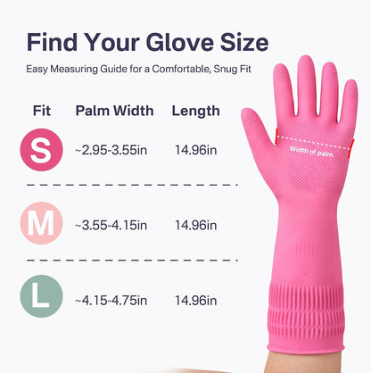 Rubber Dishwashing Gloves, 3 Pairs, Reusable Cleaning Dish Gloves for Kitchen, Non-Slip, Waterproof Dish Washing, Long Cuff for Woman (Red+Pink+Green, Large)