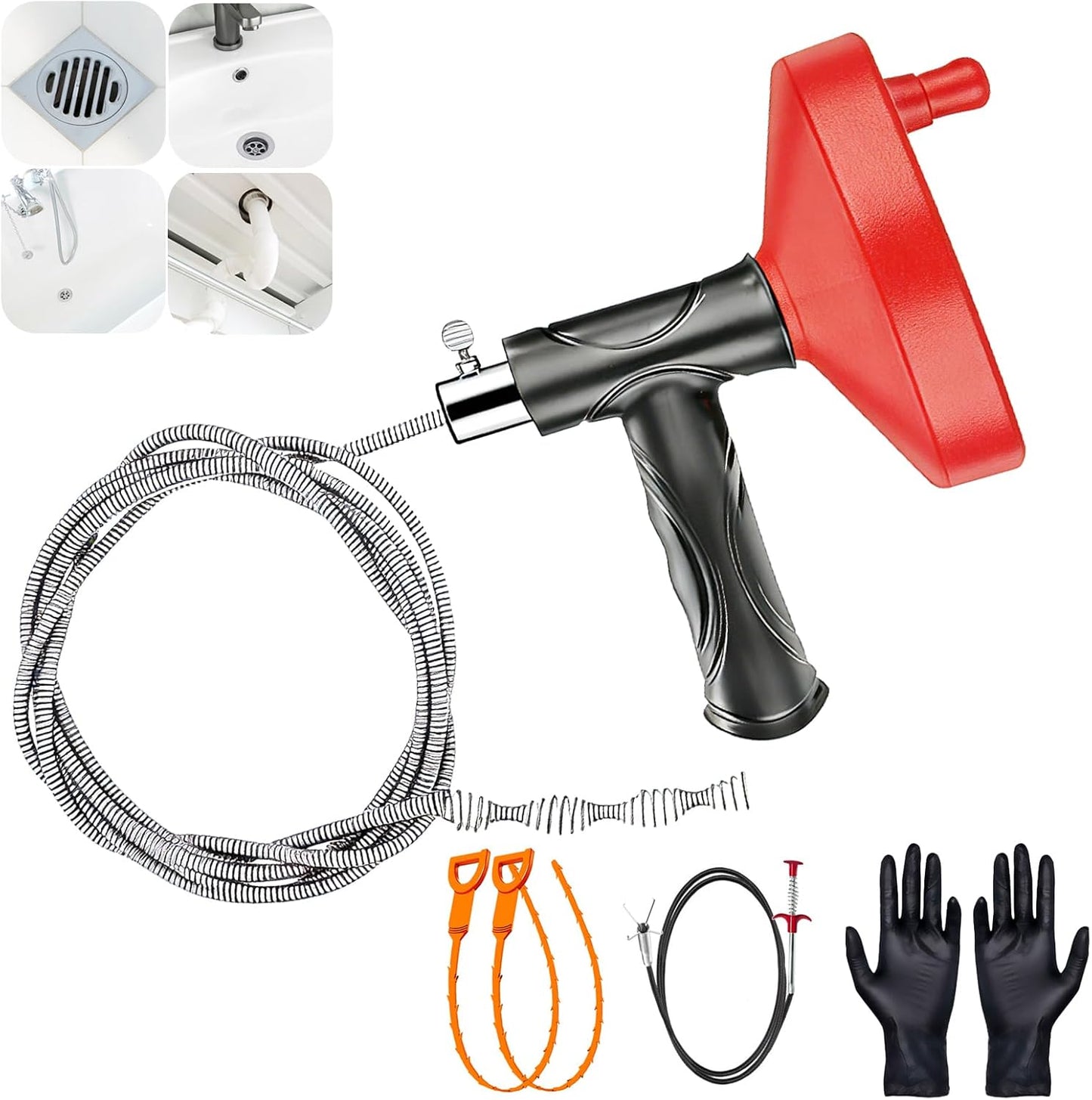Drain Snake Auger 33 Ft, Plumbing Snake Drain Hair Clog Removal Tool, Heavy Duty Snake Auger, Sink Unclogger Drain Cleaner Tool for Bathroom Kitchen Tub Shower Drain Clog Remover with Gloves