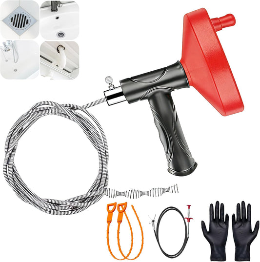 Drain Snake Auger 33 Ft, Plumbing Snake Drain Hair Clog Removal Tool, Heavy Duty Snake Auger, Sink Unclogger Drain Cleaner Tool for Bathroom Kitchen Tub Shower Drain Clog Remover with Gloves