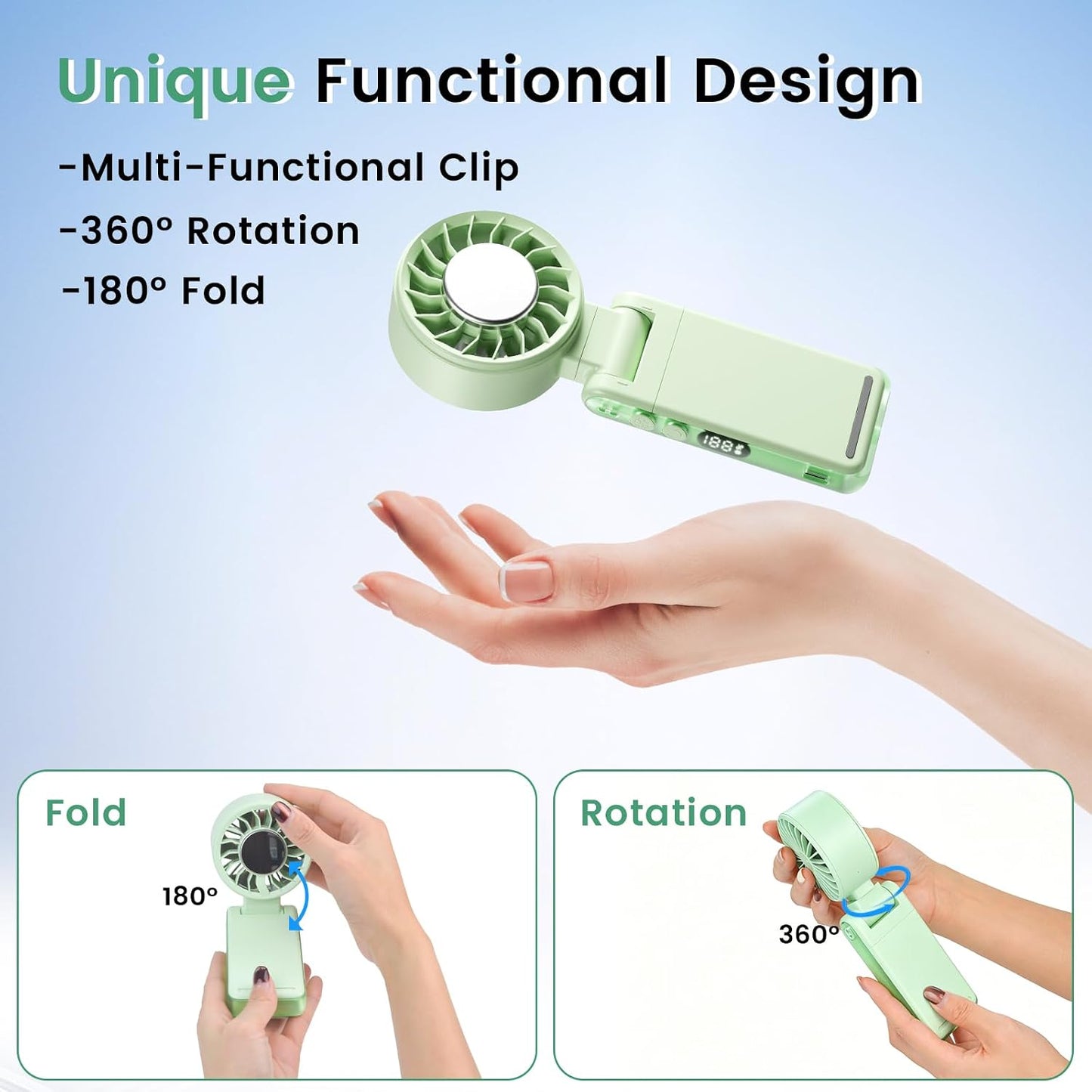 4-IN-1 Clip-On Portable Fan Rechargeable Handheld Mini Fan with lce Cooler,5 Gear High Speed 360° Rotatable Small Fans, for Outdoor, Travel, Beach, and Office (Green)
