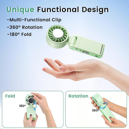 4-IN-1 Clip-On Portable Fan Rechargeable Handheld Mini Fan with lce Cooler,5 Gear High Speed 360° Rotatable Small Fans, for Outdoor, Travel, Beach, and Office (Green)