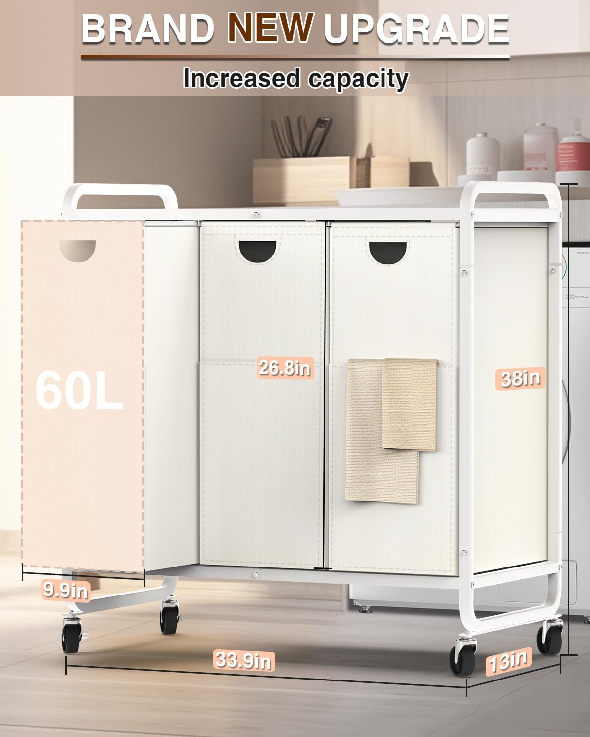Laundry Sorter 3 Section,Laundry Basket with Wheels,3×15.8 Gal (60L) Laundry Hamper Organizer with Large Wooden Desktop Sorter,Pull-Out and Removable 900D Oxford Fabric Laundry Bags for Laundry Room