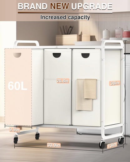 Laundry Sorter 3 Section,Laundry Basket with Wheels,3×15.8 Gal (60L) Laundry Hamper Organizer with Large Wooden Desktop Sorter,Pull-Out and Removable 900D Oxford Fabric Laundry Bags for Laundry Room