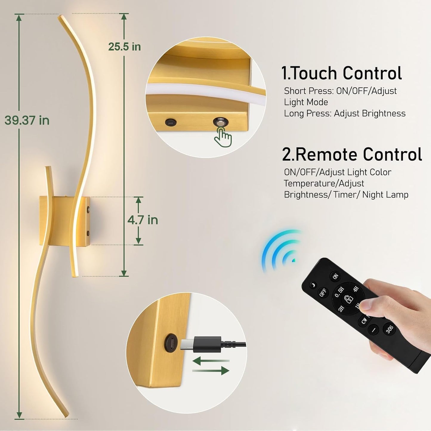 CANEOE Battery Operated Wall Sconce Set of 2, 18000mAh Gold Rechargeable Wall Lights with Remote Control,3000K-6000K Dimmable LED Wireless Wall Light for Living Room Bedroom Hallway,39.3 Inch (Gold)