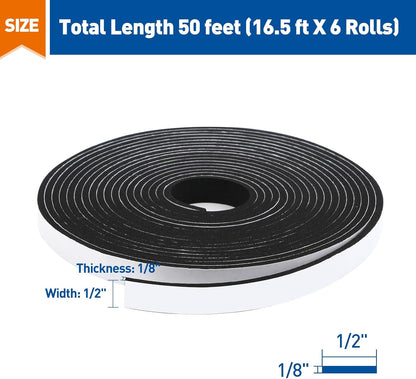 MAGZO Weather Stripping Door Seal, 1/2 Inch Wide X 1/8 Inch Thick Adhesive Foam Tape Soundproof Weatherstripping for Windows, 3 Rolls Total 50FT Black